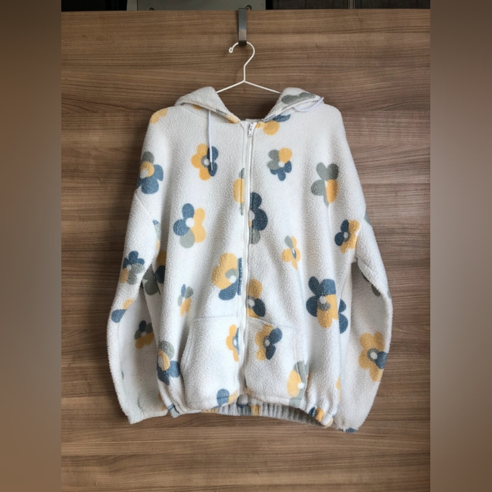Floral Patterned Hooded Sweater - White, Yellow, Gray